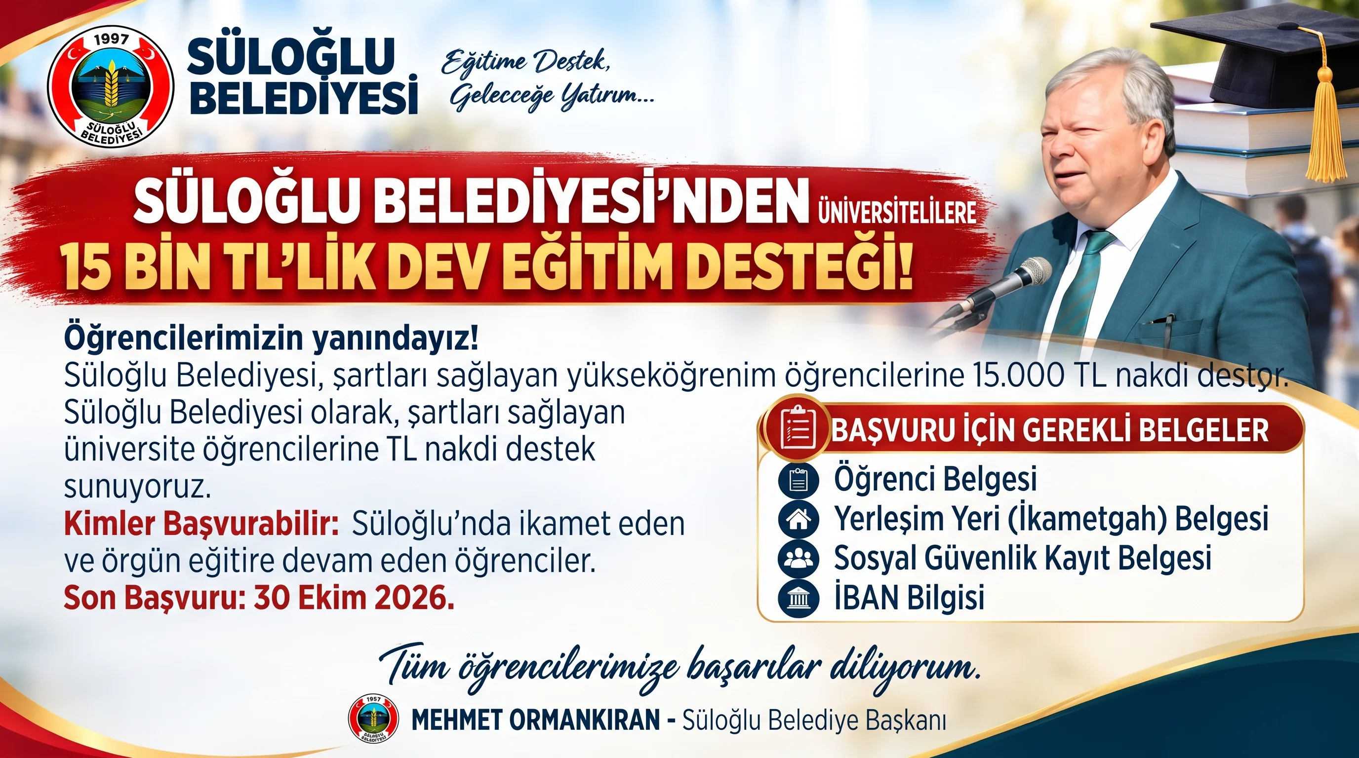 Süloğlu Belediyesi’nden üniversitelilere 15 bin TL’lik dev eğitim desteği!